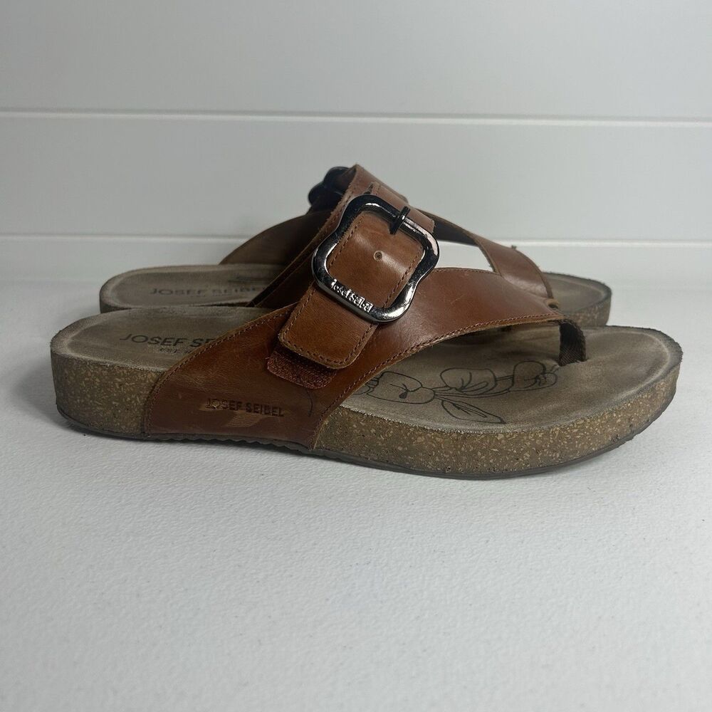 Josef Seibel Women's Brown Leather Thong Sandals Adjustable Buckle Strap 9